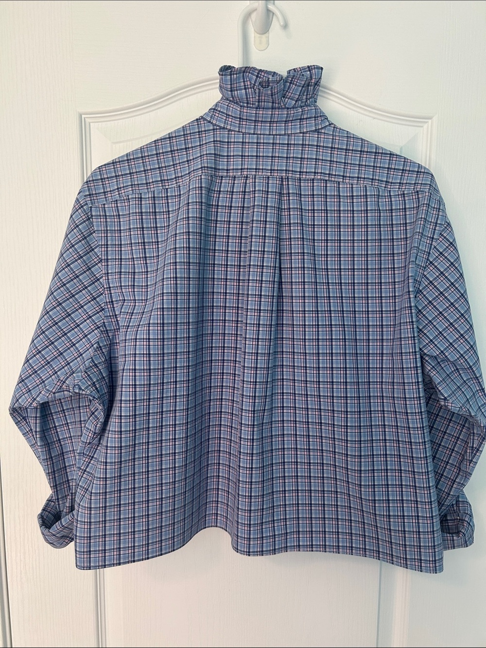 Upcycled Ralph Lauren Women’s Shirt Cropped Blue Pink Plaid with Ruffle Collar - Picture 3 of 12